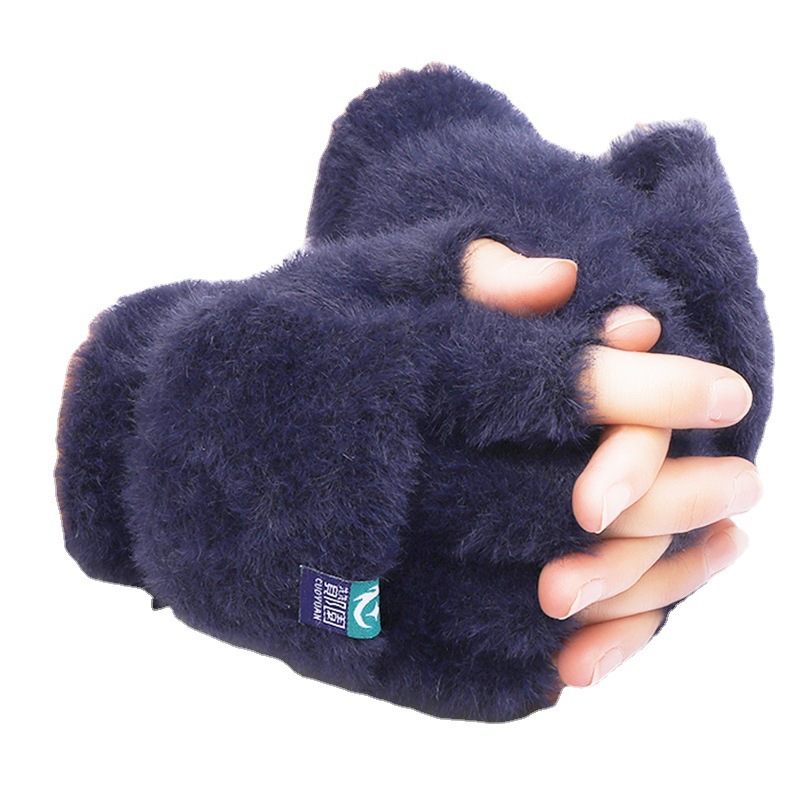Student Finger Exposed Flip Gloves Outdoor Gloves Thickened Cold Protection Internet Popular Plush Gloves Female Winter Protection