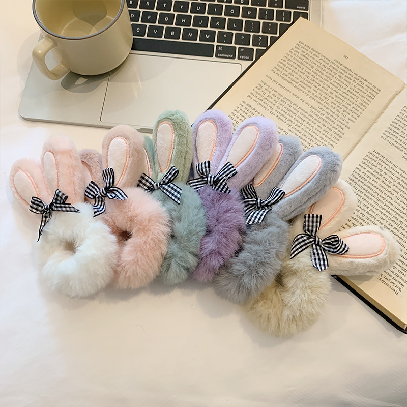 Cute Rabbit Ears Hair Band Bow Plush Hair Rope Female Furry Hair Rope Autumn and Winter Cartoon Tie up a Bun Hairstyle Rubber Band