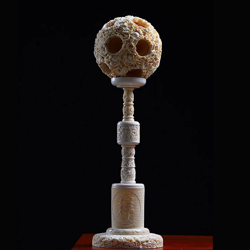 猛犸象牙镂空精雕龙凤呈祥鬼工球摆件猛犸牙雕玲珑球牙球收藏送礼