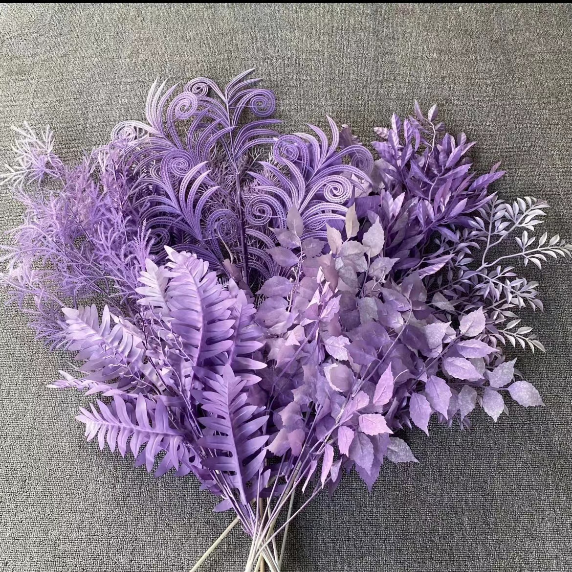 紫色仿真花婚庆装饰塑料花假花银杏叶扇子尤加利插花婚礼布置花艺