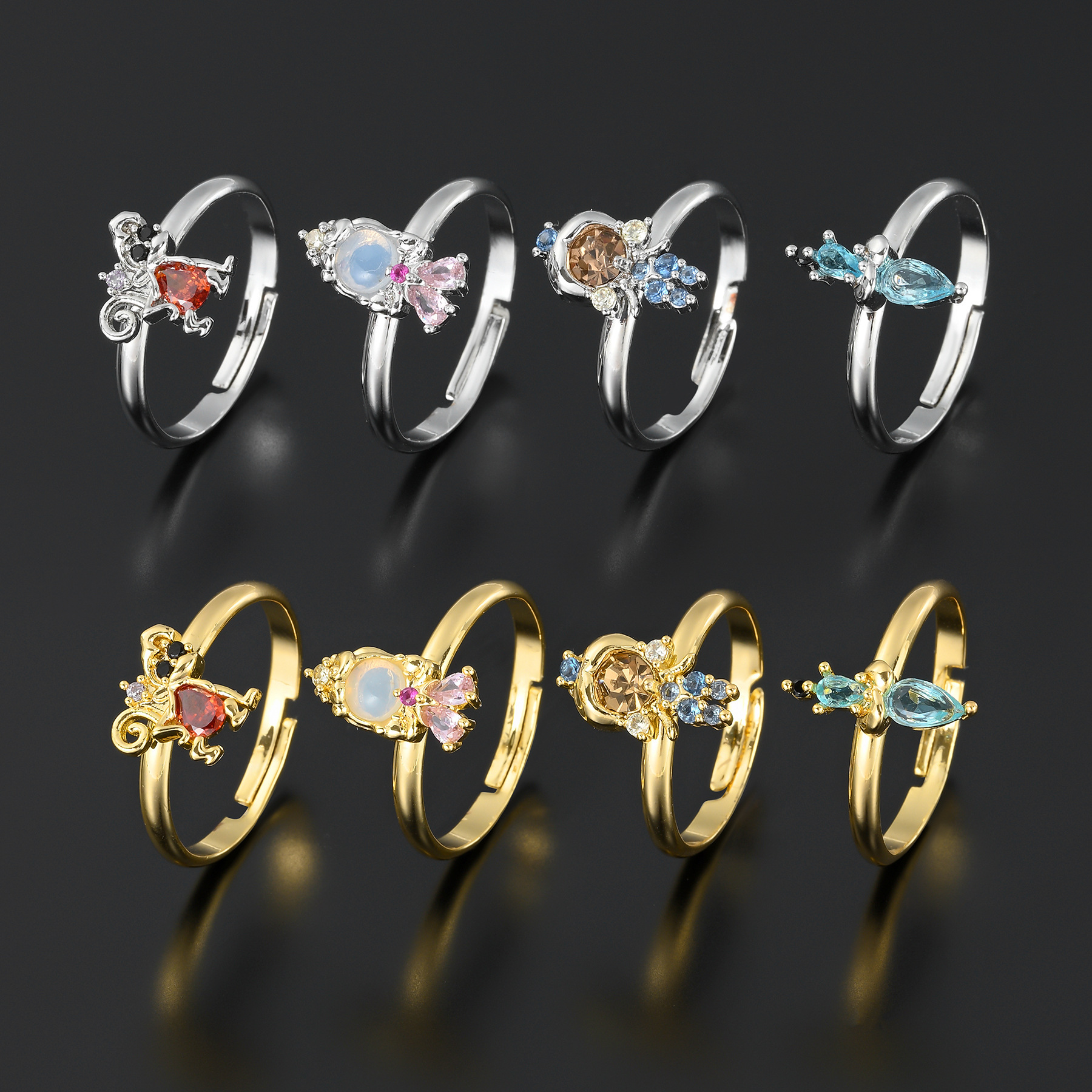 Cross-Border European and American New Cartoon Animal Open Ring Micro-Inlaid Colorful Zircon Princess Series Ring Jewelry Wholesale