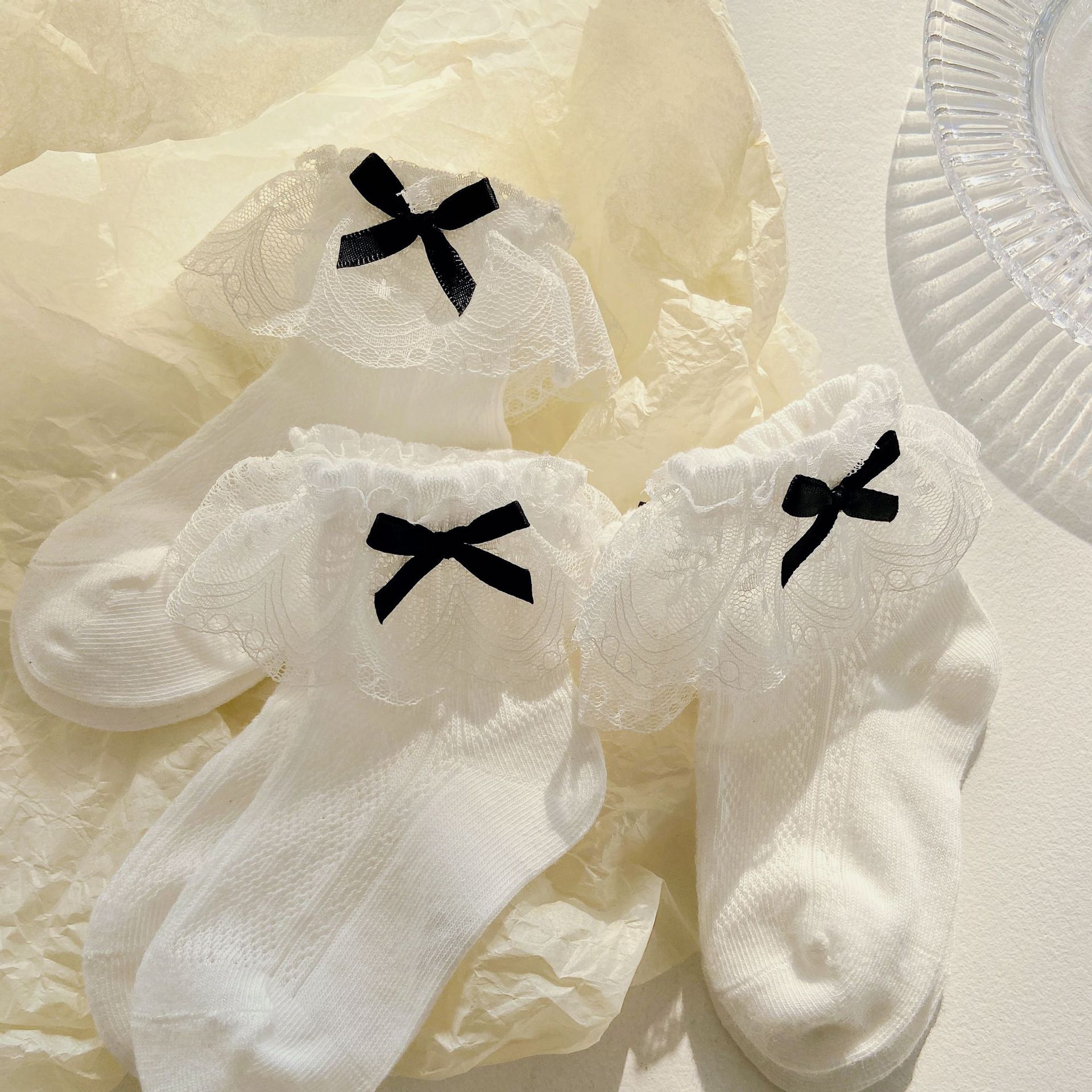 春夏宝宝纯白蕾丝网眼袜新款黑白蝴蝶结女童精梳棉学生日系公主袜
