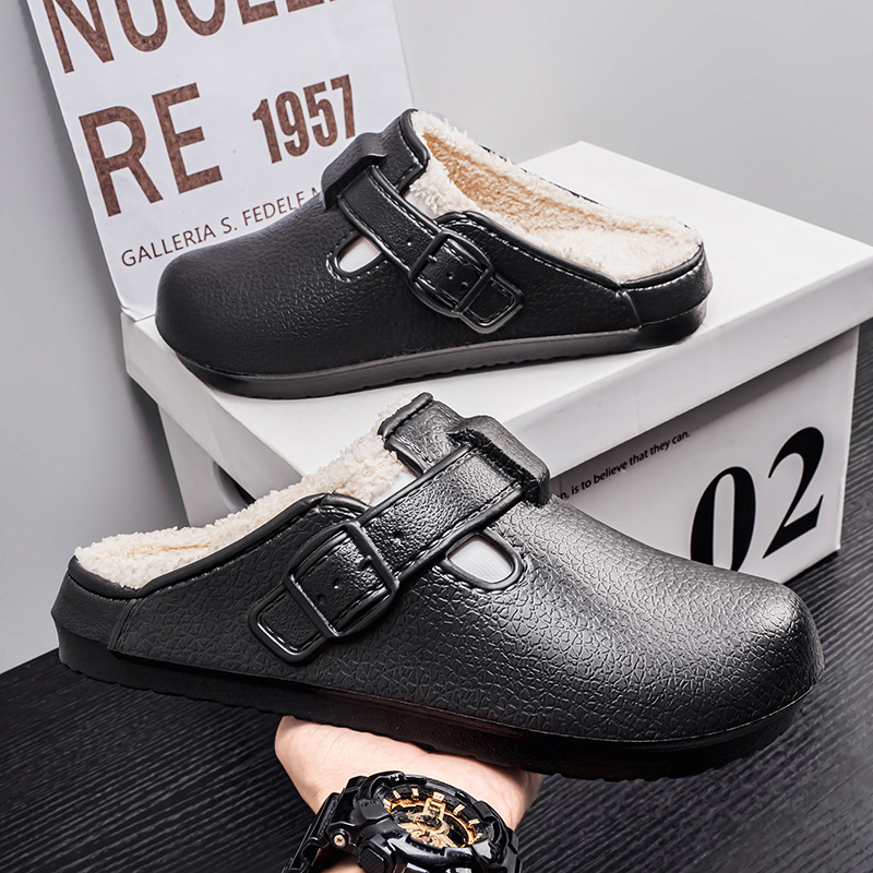 勃肯鞋男秋冬季外穿防水加绒加厚一脚蹬棉拖鞋防滑厚底居家毛毛拖