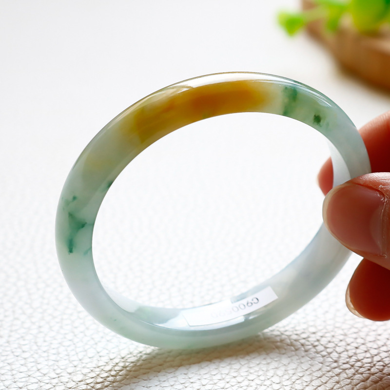 缅甸a货女款玉镯手腕镯带证书飘黄翡叮当翡翠手镯56-57圈口0617500