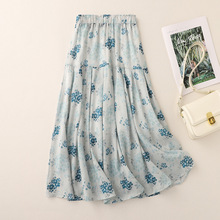 法式复古森系蓝色苎麻半身裙女夏季小个子棉麻半裙仙女碎花裙长裙