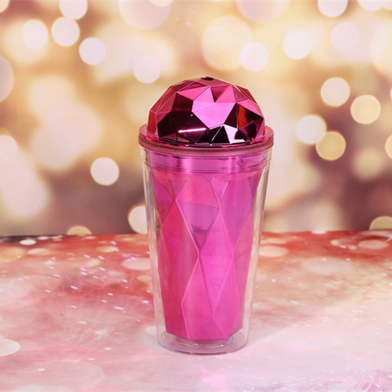 双层塑料透明亮粉吸管杯菱形盖饮料水杯闪粉双壁隔层杯