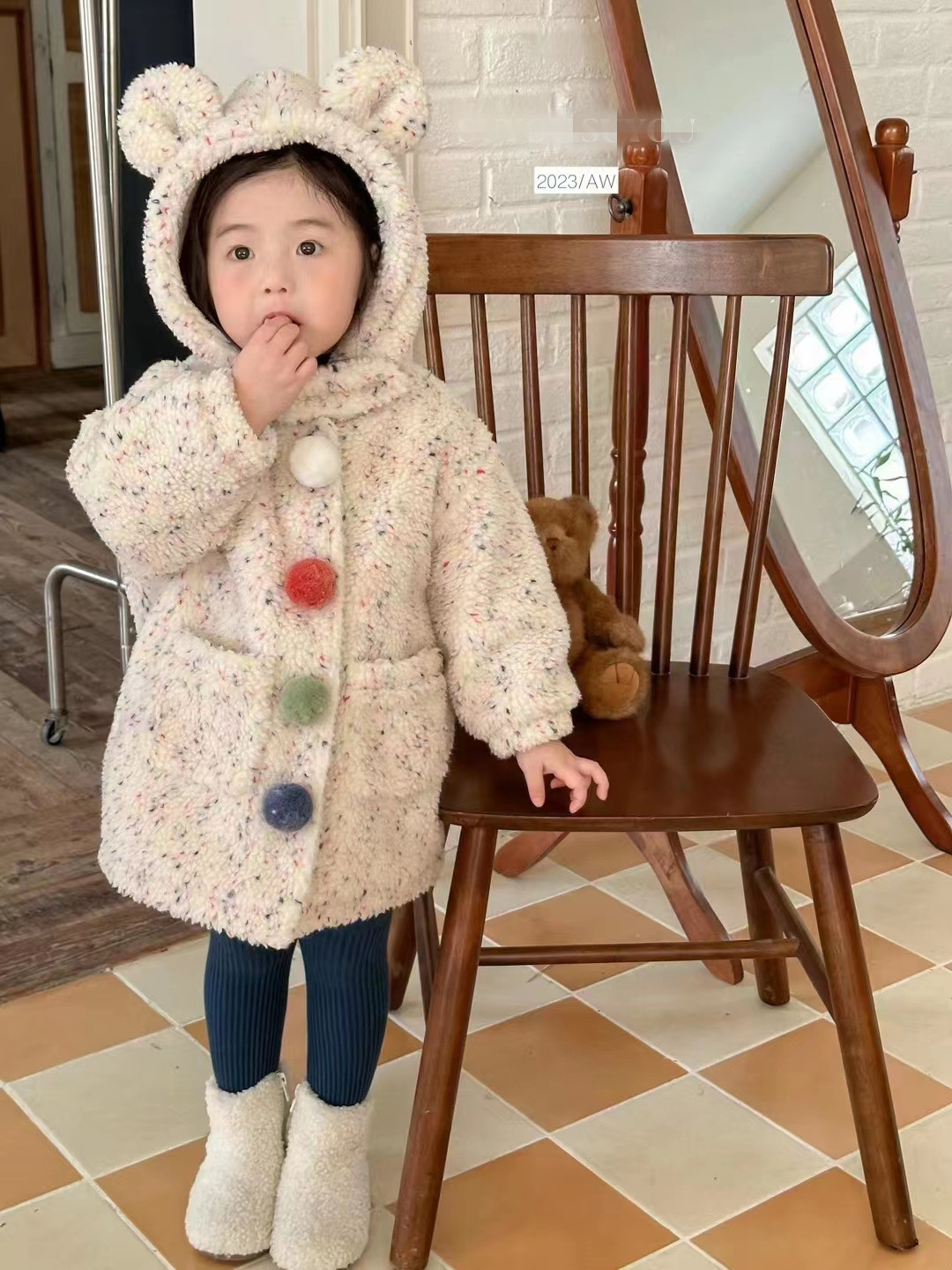 2023 Autumn and Winter Clothing New Baby Girl Fleece-lined Thickened Cartoon Hooded Furry Coat Korean Style Girl Thermal Cotton-Padded Clothes
