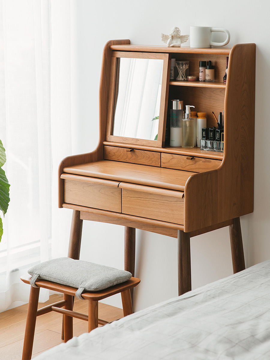 北欧实木梳妆台家用小户型收纳窄型化妆桌卧室日式储物原木梳妆桌