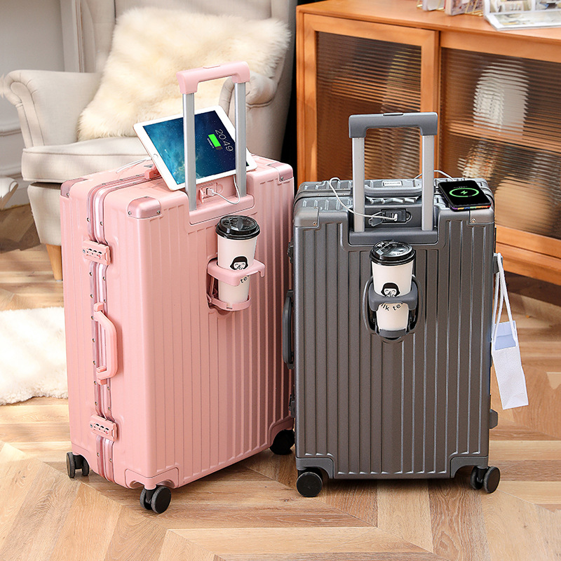 Cross-Border Fashion Cup Holder Luggage Universal Wheel Female Trolley Suitcase Male Password Suitcase Suitcase 20-Inch Boarding Bag