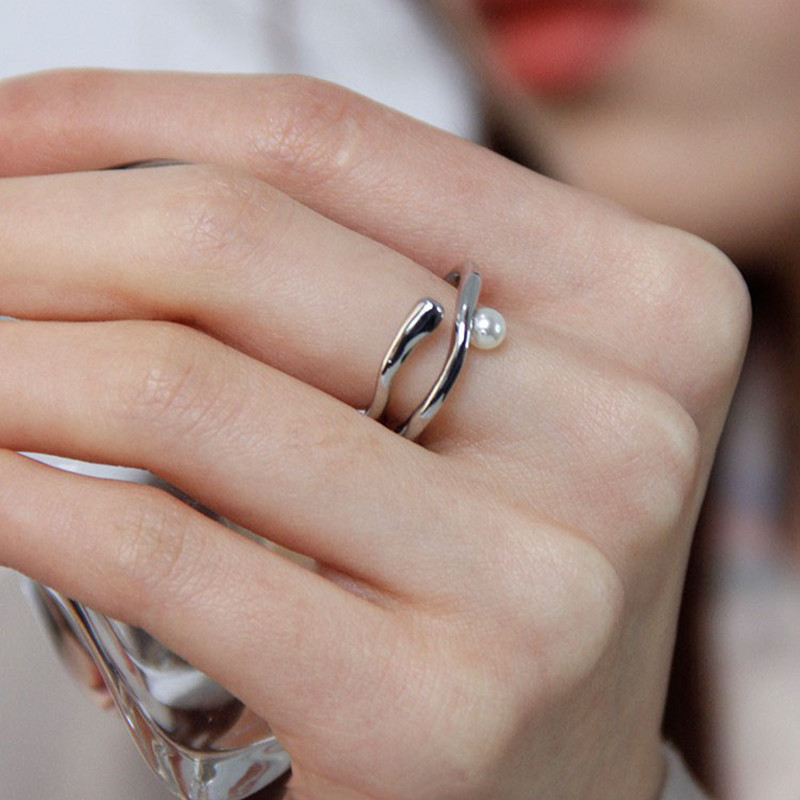 方行简约日韩版不规则珍珠食指戒指女s925纯银开口指环轻奢时尚潮