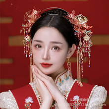 中式红色新娘结婚秀禾发饰减龄圣女冠古典眉心坠带后区头饰套装