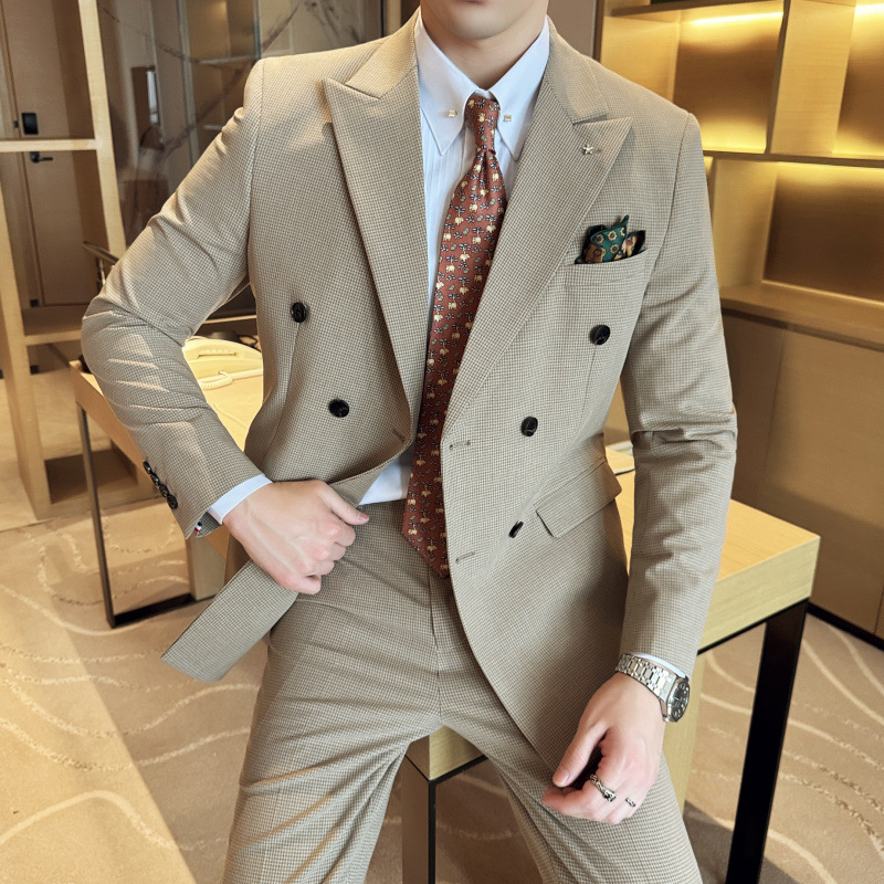 2024新款潮流双排扣西装套装春秋季修身休闲商务西服两件套-阿里巴巴