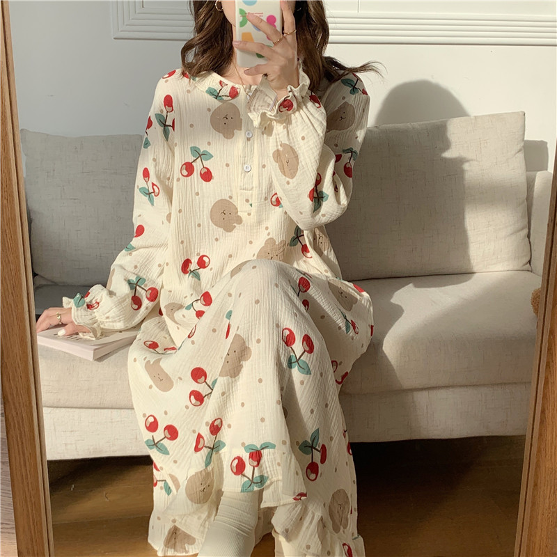 Real Shot 2023 Korean Style Ins Cotton Cherry Cute Girl Homewear Dress Pajamas Homewear