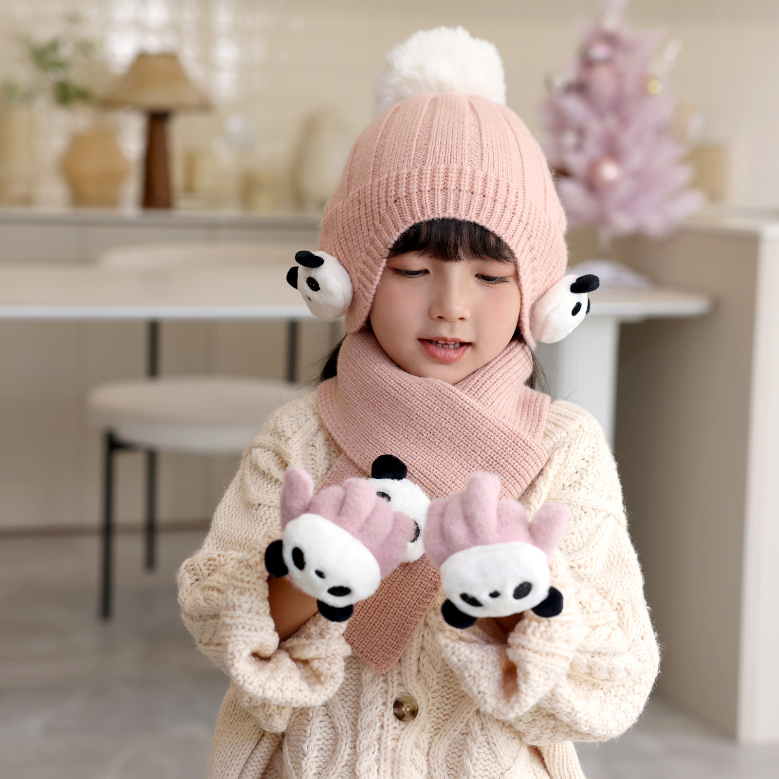 儿童帽子秋冬季可爱熊猫围巾两件套女童保暖加厚毛线帽男童护耳帽