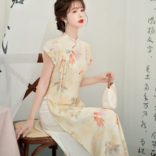 中式元素改良旗袍复古连衣裙女2024夏季新款收腰显瘦气质印花裙子