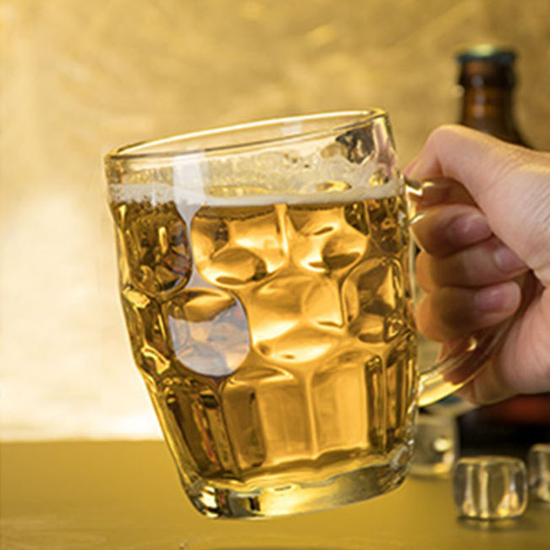 经典菠萝啤酒杯透明玻璃带把扎啤杯加厚耐热茶饮杯英式波纹品脱杯