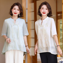 真丝国风上衣女新中式民族风夏季薄款洋气中老年韩版纯色套头衬衫