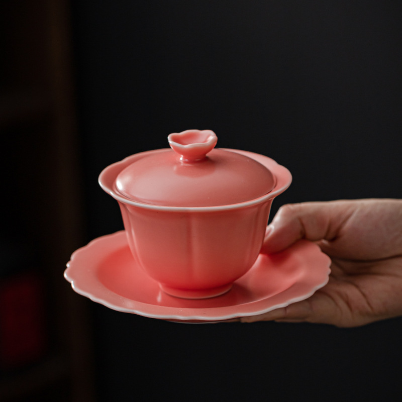 古焱粉汝窑三才泡茶盖碗单个女景德镇花瓣小号高端陶瓷功夫茶具