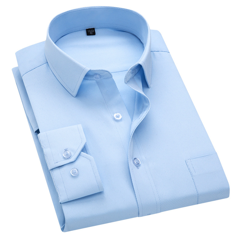 White Shirt Professional Men's Long-Sleeve Shirt Solid Color Blue White Slim Korean Style Embroidered Logo Flat Solid Color Long Sleeve Shirt