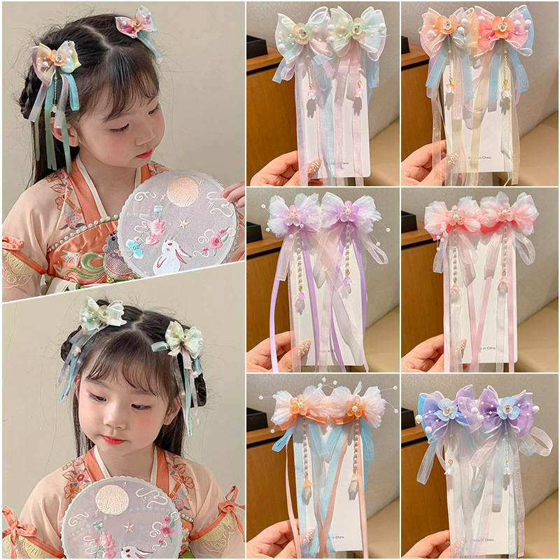 2024新款古风发夹汉服头饰儿童蝴蝶结飘带发卡子超仙女童珍珠夹子