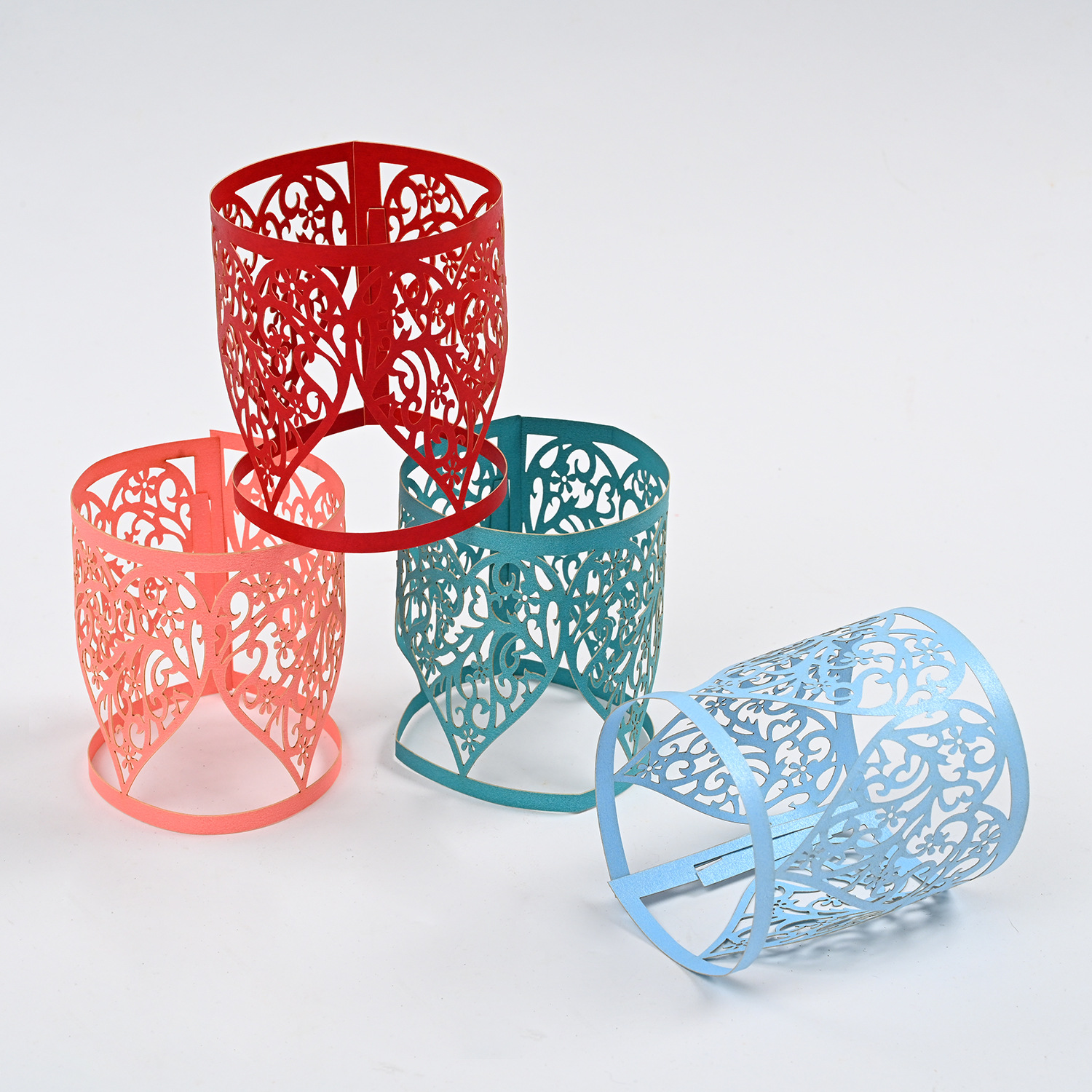 厂家批镂空珠光纸灯罩 纯色创意纸四个桃心花纹led电子小蜡烛灯罩