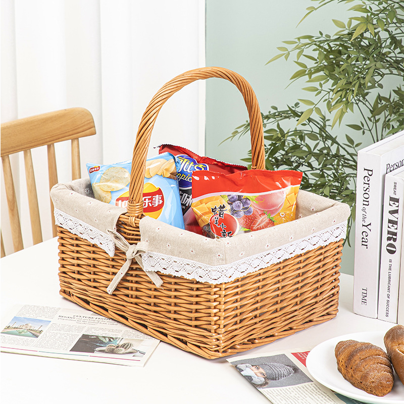 Storage Basket Picnic Basket with Lid Rattan Woven Basket Pastoral Woven Cleaning Basket Gift Fruit Shopping Flower Basket