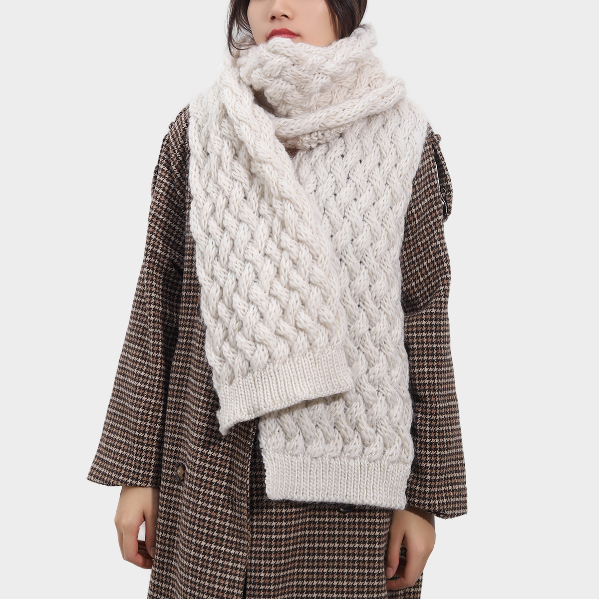 毛线围巾韩版男女秋冬季加厚纯色百搭麻花粗毛线针织长款保暖围脖