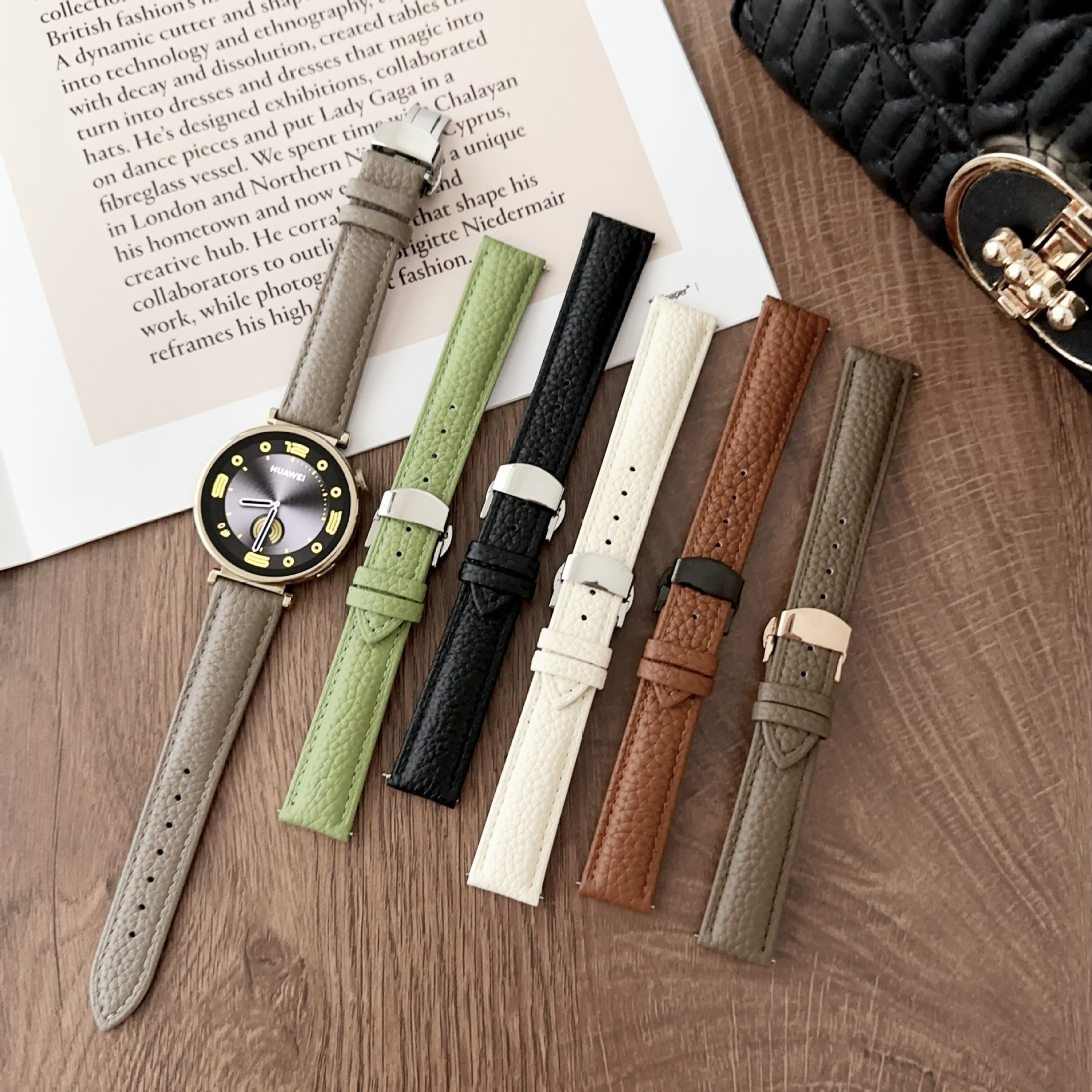 适用于华为gt4智能手表表带 18mm荔枝纹皮蝴蝶扣表带 时尚手腕带