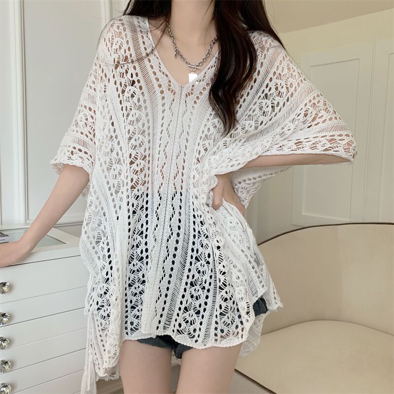 2024 New Summer Women's Clothes Pure Desire Hollow out Tied Knitted Top Loose Niche Mid-Length Cutout Blouse