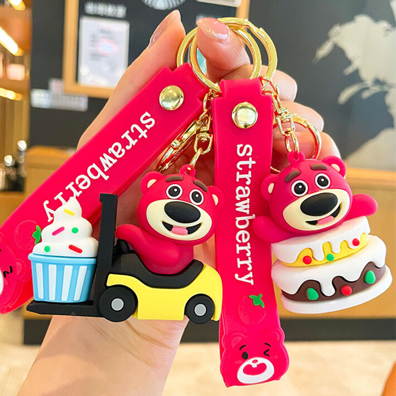 Cute Dessert Shop Strawberry Bear Keychain Cartoon PVC Toy Bag Package Pendant Car Key Ring Gift Wholesale