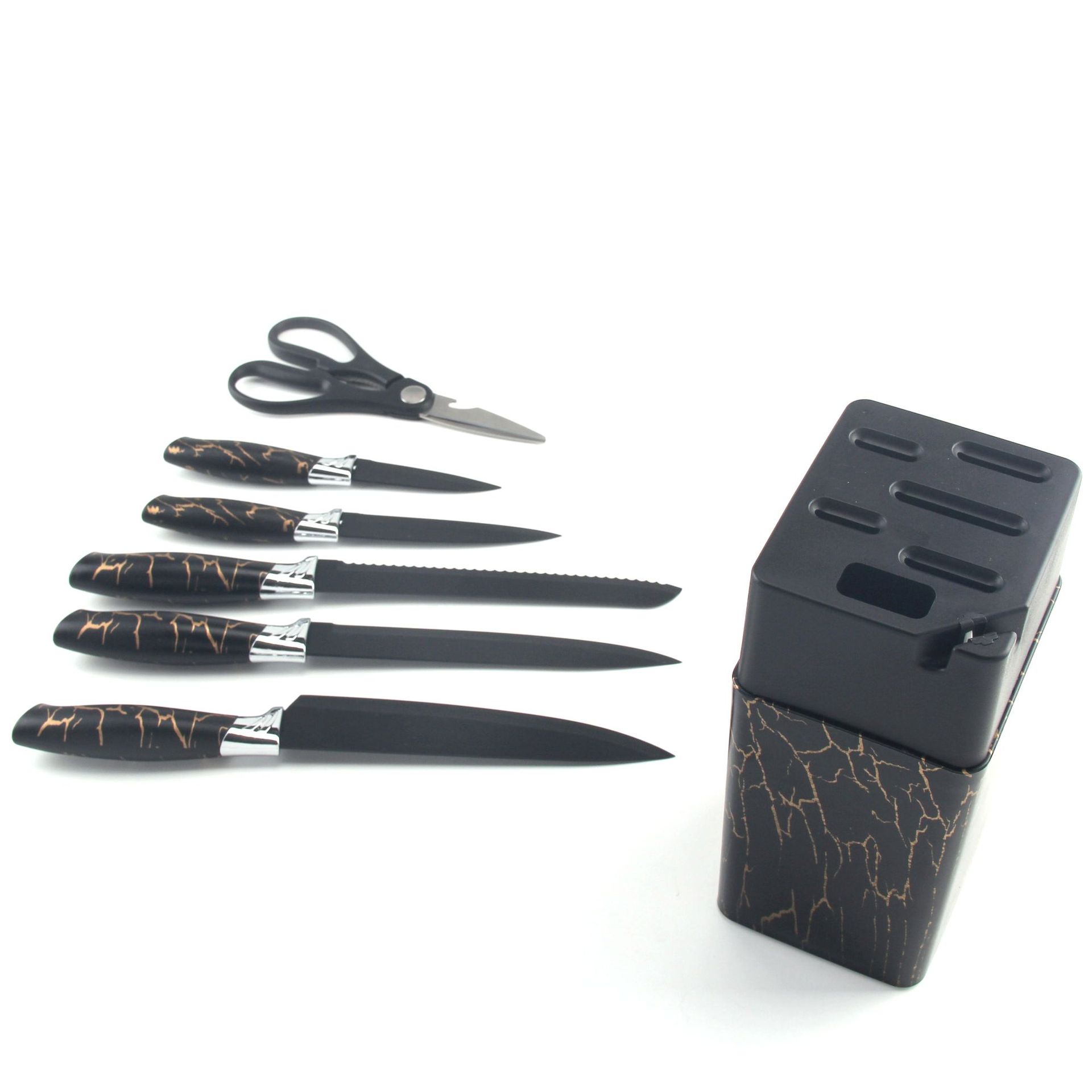 Marbling round Handle Plastic Cutter Seat with Sharpener Paint Knife Set Chef Knife Kitchen Knife Set 7-Piece Knives