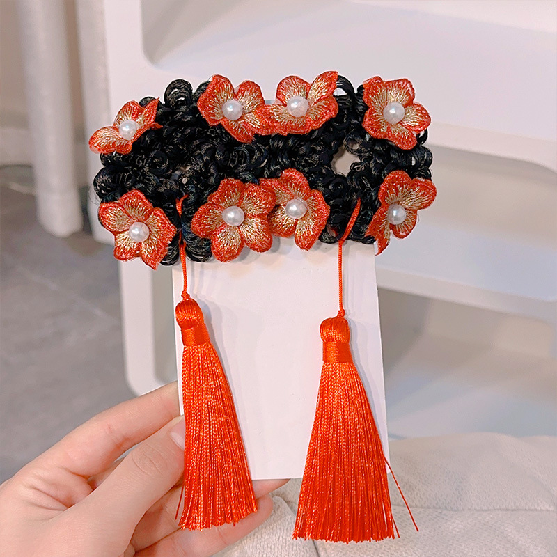 Chinese Style Children's New Year Hair Accessories Bun Wig Tassel Hair Band Girls' Han Chinese Costume Antique Rubber Band New Year Greeting Flower