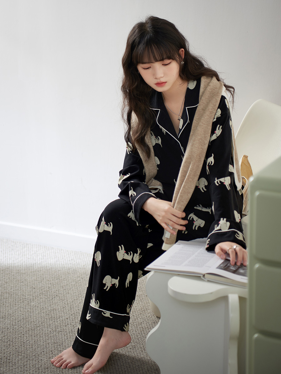 Pajamas Autumn Women's Cute Cotton Long Sleeve Spring and Autumn Cartoon Casual Korean Style Outerwear Homewear Loose Skin-Friendly