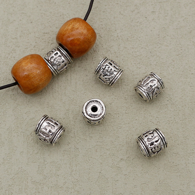 复古藏银实心六字真言桶珠隔珠 菩提珠串挂件背云散珠diy饰品配饰