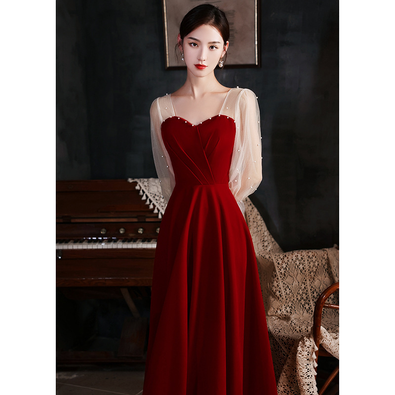 新娘敬酒服女春季新款结婚酒红色订婚日常长款高个子长袖晚礼服
