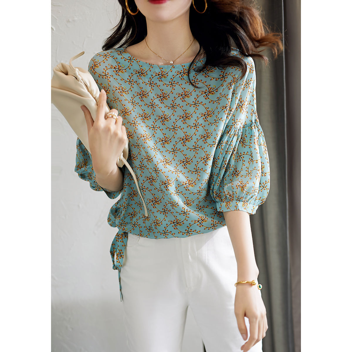 碎花雪纺衫女夏短袖2021夏季新款灯笼袖宽松显瘦小衫洋气时尚上衣