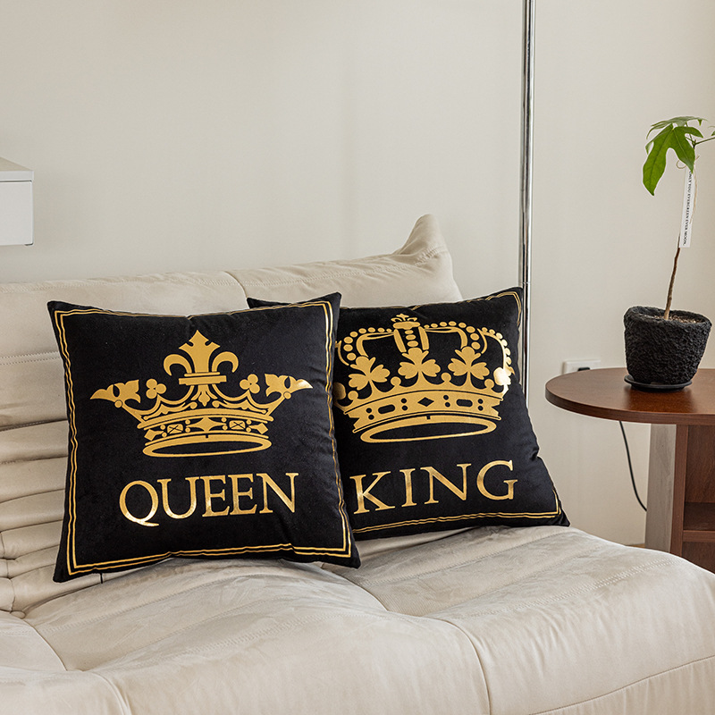 Crown Bronzing Printed Pillow Cover Short Plush Black and White Two-Color Cross-Border Home Sofa Cushion Cover Letters Throw Pillowcase