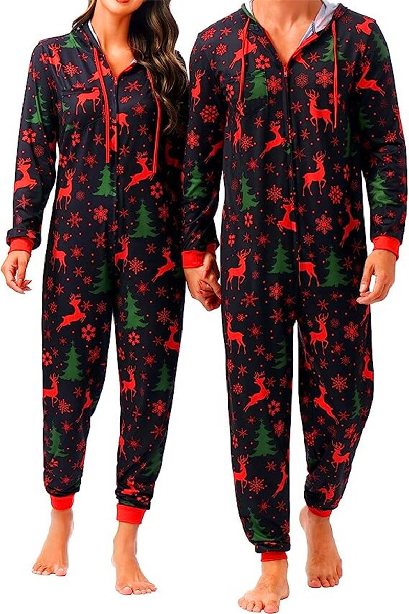 European and American Amazon Foreign Trade Printed Jumpsuit Christmas Pajamas Couple Pajamas Women's Christmas Pajamas Men