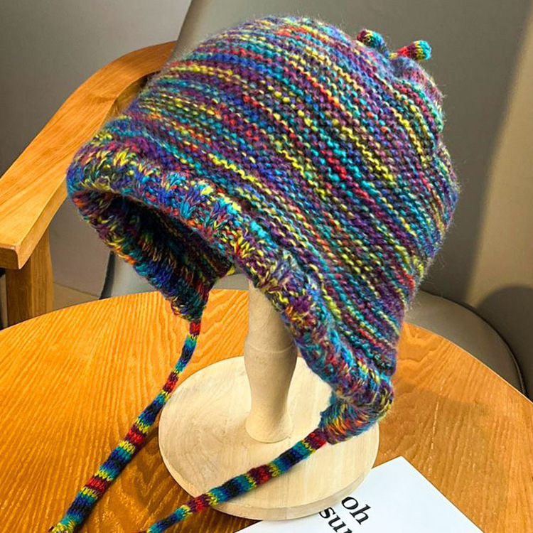 Winter Warm Dopamine Striped Rainbow Hat Gradient Color Woolen Knitted Hat Show Face Small Lace-up Head-Wrapping Hat