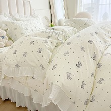韩版纯棉夹棉床盖四件套全棉加厚床单床罩公主风被套四季通用