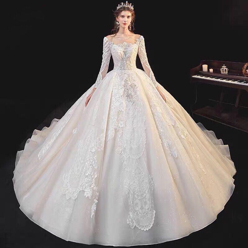 主婚纱2020新款冬季长袖豪华小个子新娘孕妇森系超仙梦幻拖尾