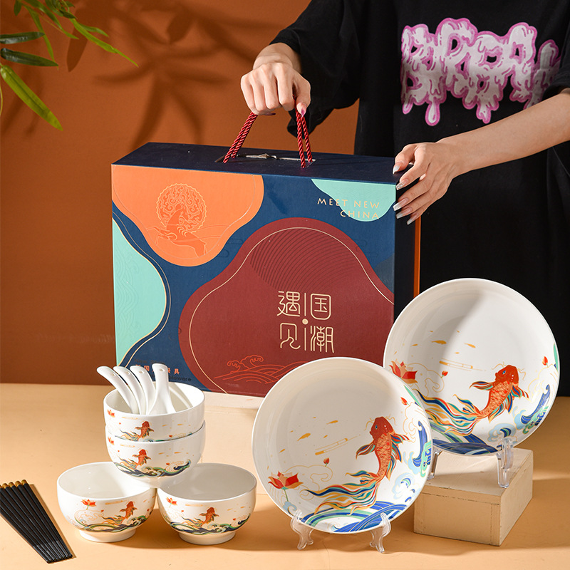 National Fashion Ceramic Tableware Dishware Set Fish Yue Longmen Bone China Bowl and Chopsticks Gift Box for Opening Ceremony