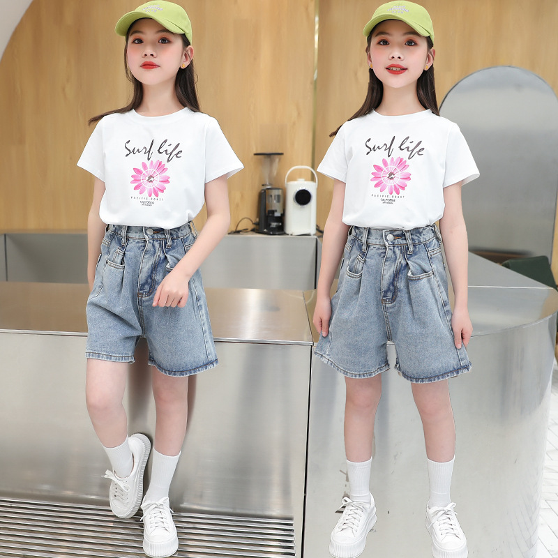 children t-shirt 2024 summer girls‘ two-piece suit korean style western style medium and big children one piece dropshipping