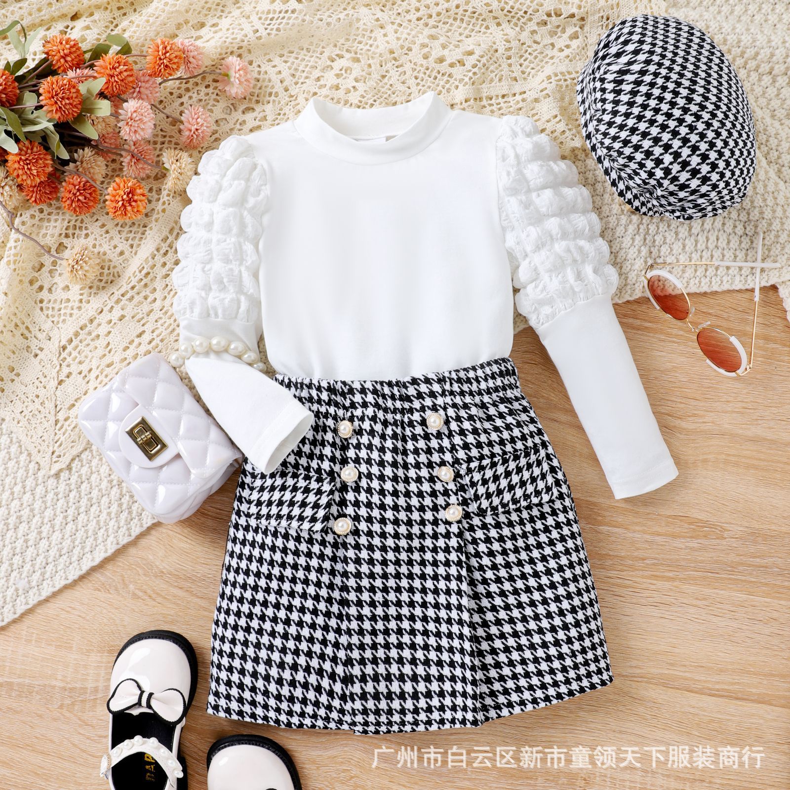 亚马逊新款女童白色泡泡袖上衣 千鸟格短裙childrens clothing
