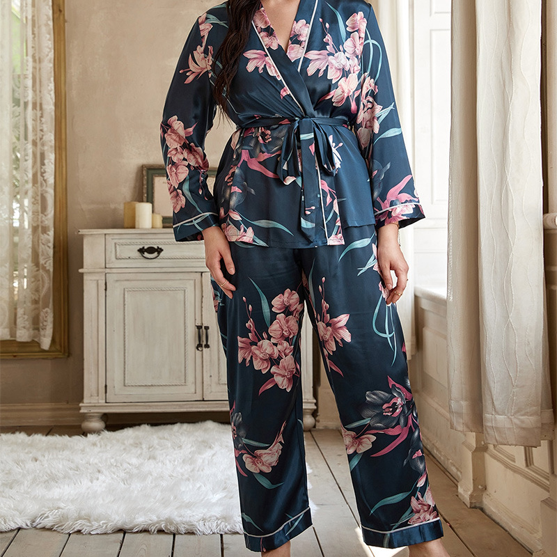 Europe and America Cross Border plus Size Pajamas Women's Cardigan Lace-up Nightgown Pajama Pants Casual Loose Home Women's Suit Can Be Worn outside