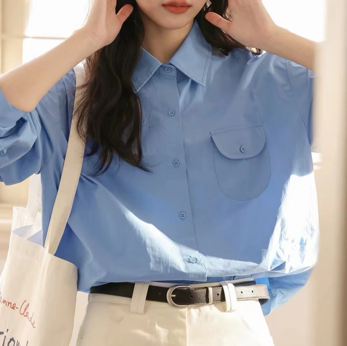 2024蓝色新款polo长袖早春衬衫衬衣宽松百搭纯色简约上衣-阿里巴巴