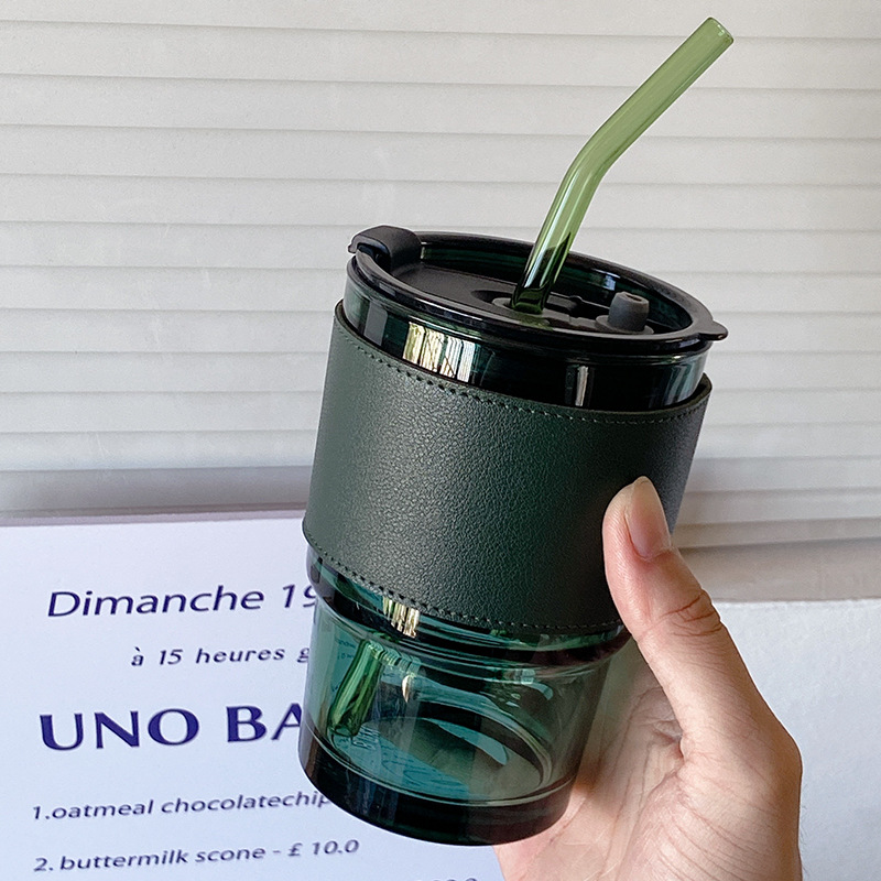 Glass Good-looking Glass Cup with Straw Large Capacity Cup with Lid Milky Tea Cup Student Drinking Cup