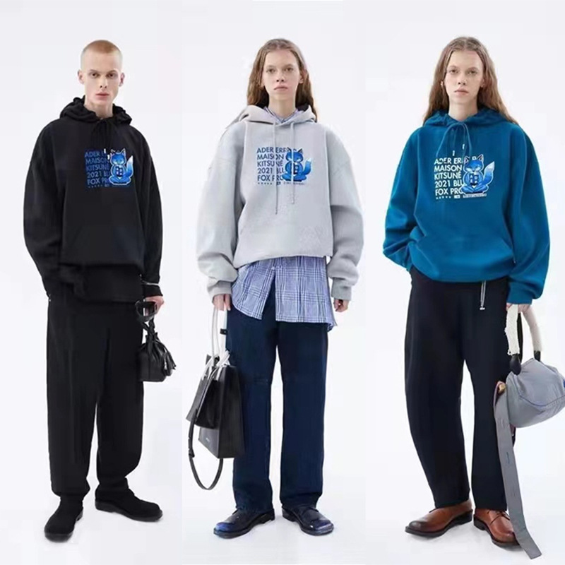 现货新款ader联名maison kitsune冥想狐狸刺绣字母连帽卫衣男女款