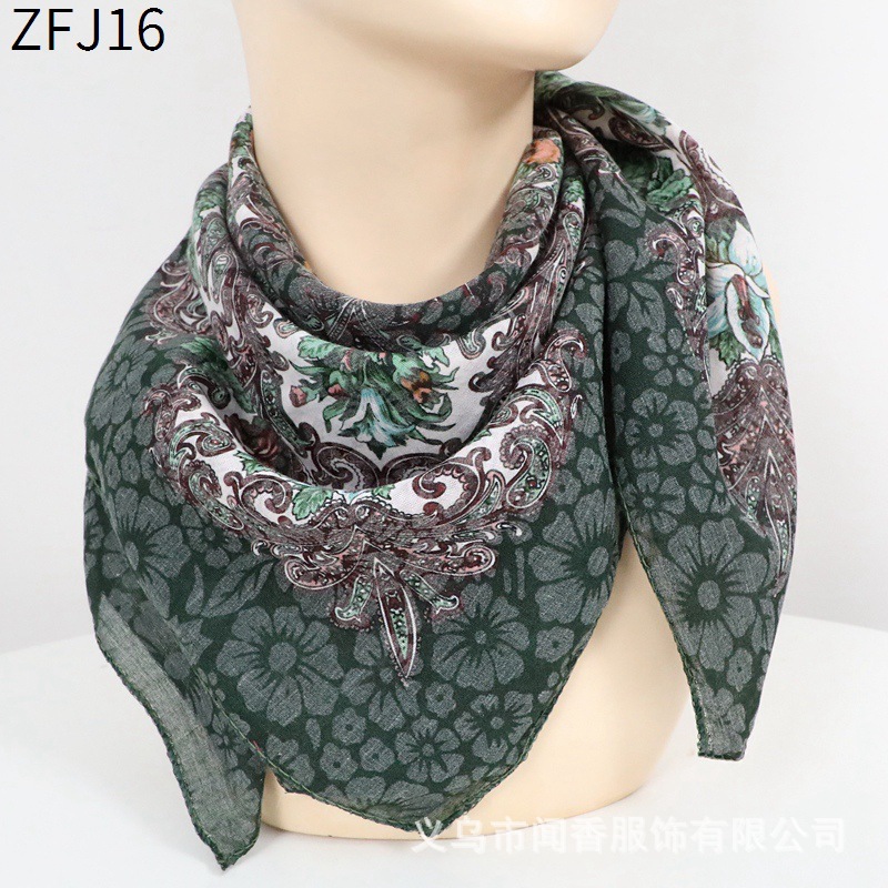 Autumn and Winter New Cotton Yarn Square Scarf Neck Scarf Ethnic Style Headcloth Women's Retro Easy Matching Sweat-Absorbent Breathable Scarf