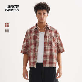 ETAI男装|高品质宽松流行短格衬衫休闲时尚开衫纽扣短袖衬衫